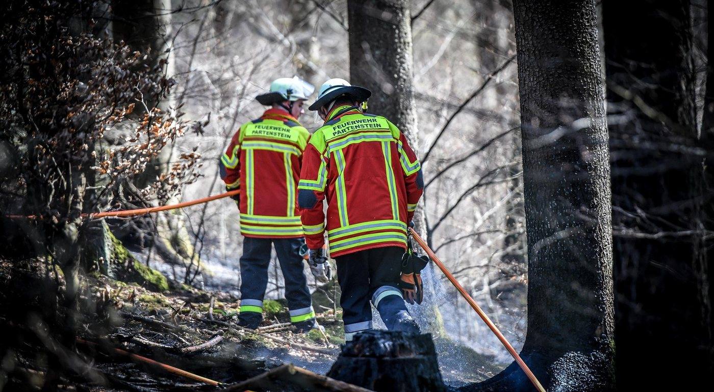 Zwei Feuerwehrleute in Schutzkleidung arbeiten mit einem Schlauch über
                schwelendem Waldboden.